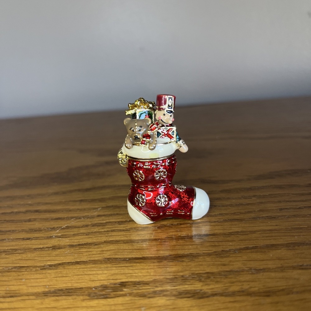 Vintage Monet Enamel Holiday Christmas Stocking Trinket Box Hinged Magnetic MINI